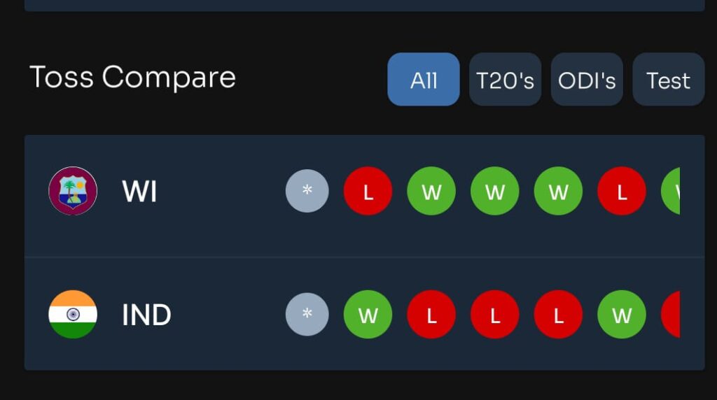 TOSS COMPARE LAST 5 FIVE MATCH