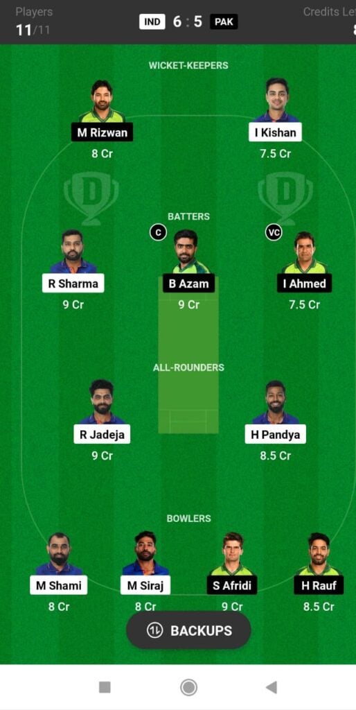 Fantasy Team Prediction India vs Pakistan