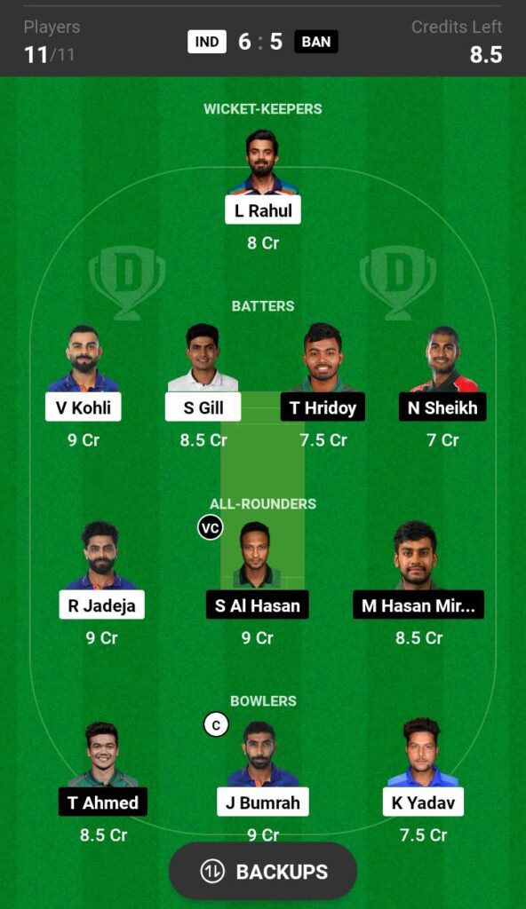 Fantasy Dream Team Prediction India vs  Bangladesh: 