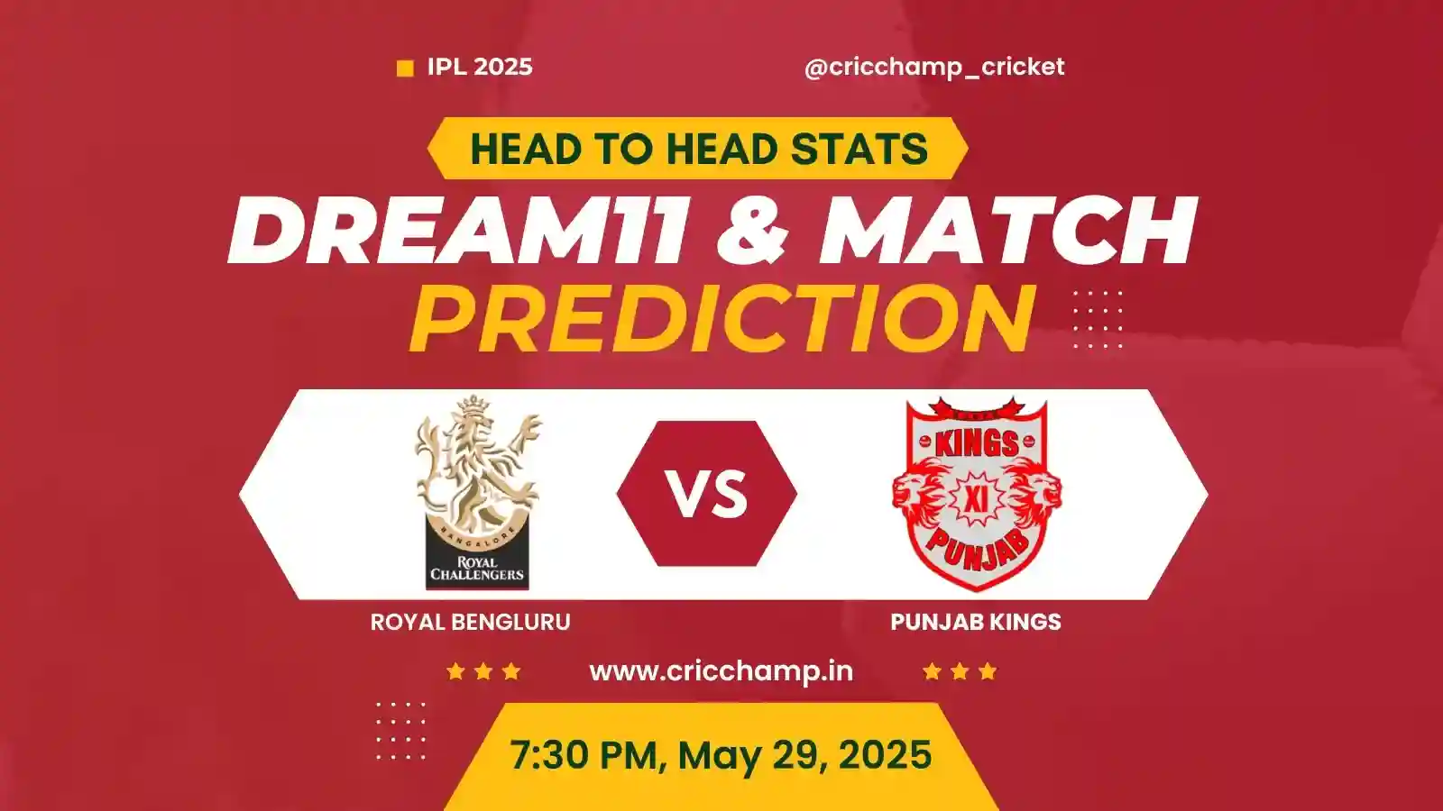 RCB vs PBKS qualifier 1 Prediction Today Match, Playing 11, Toss | Head to head | Pitch - IPL 2025