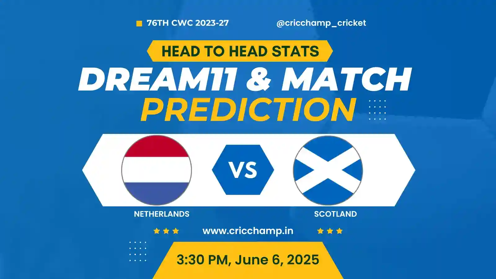 NED vs SCO ODI Dream11 team Prediction | Head to head | Toss Prediction | Playing 11 | Pitch Report – 76th CWC 2023-27