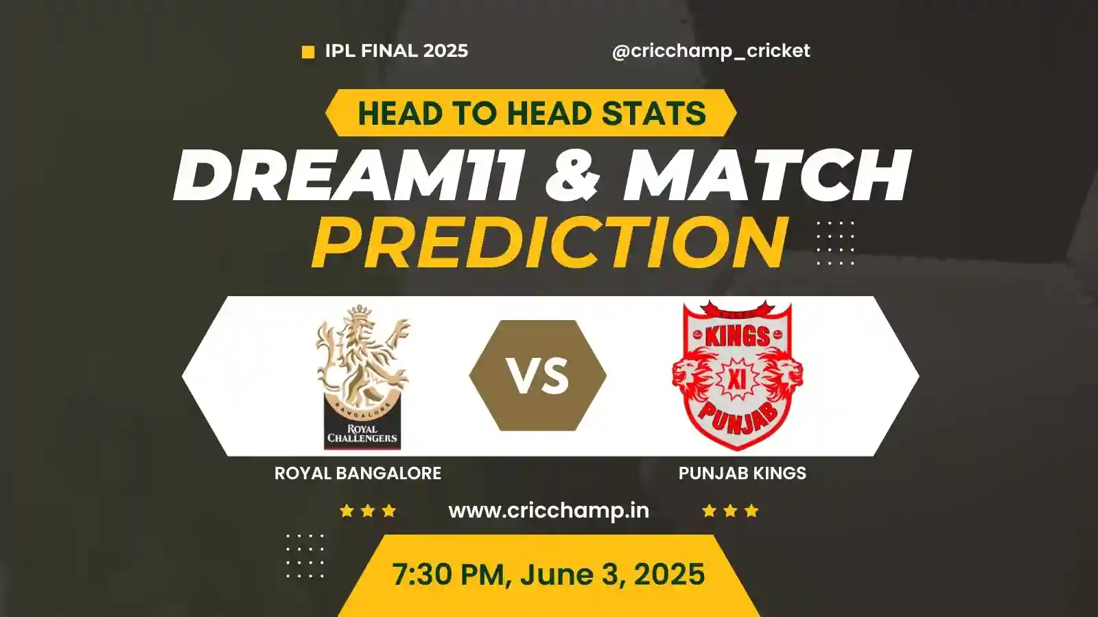 RCB vs PBKS Final Match Dream11 Prediction Today Match, Playing 11, Toss | Head to head | Pitch – IPL 2025